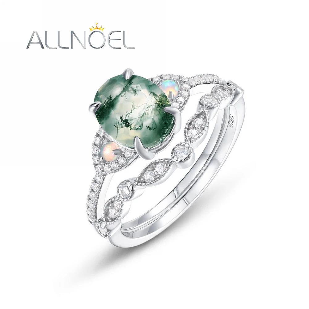 ALLNOEL 1.5CT Natural Moss Agate Ring For Women 925 Sterling Silver Engagement Wedding Bridal Sets Gifts Vintage Fin